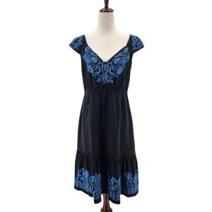 Johnny Was Womens Small Dress Linen Embroidered Black Blue Floral Boho Hippie